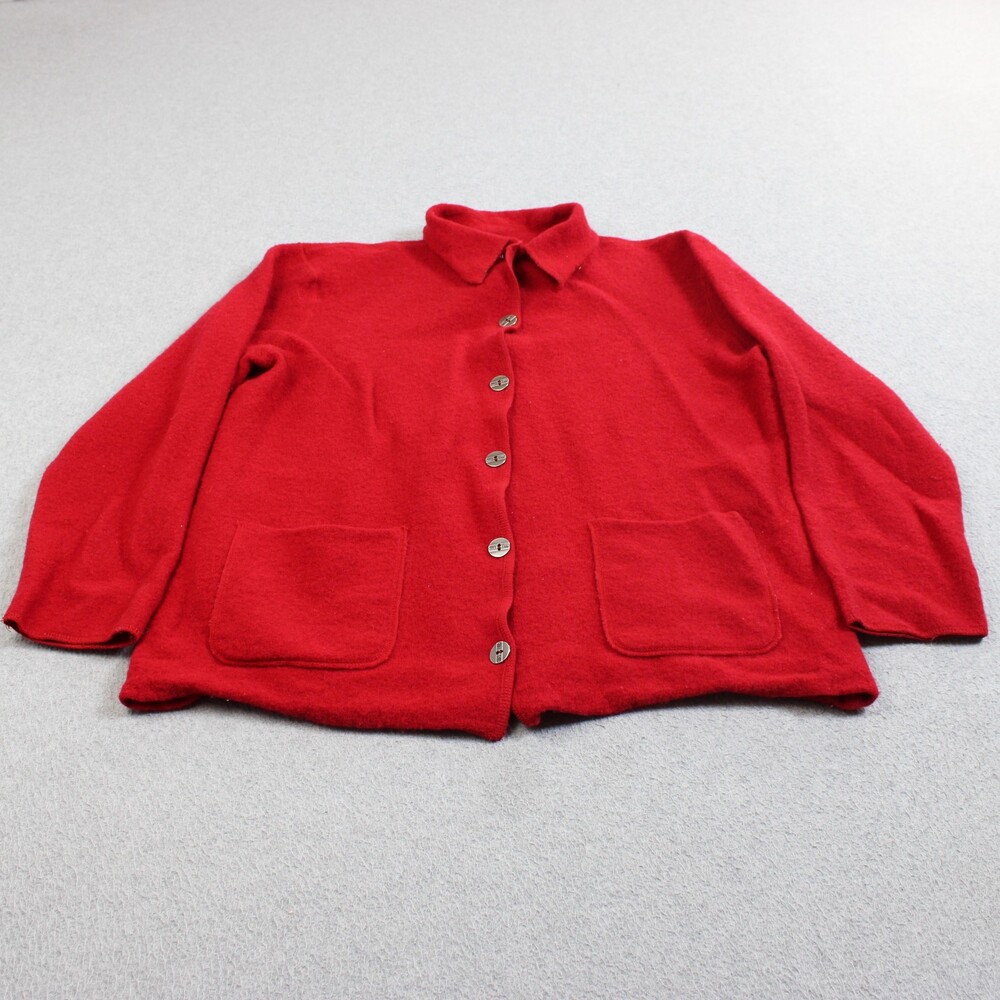 Vintage Chico's Boiled Wool Cardigan Sweater Women 3 Red Collared Pockets Jacket
